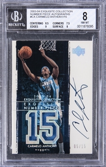 2003-04 UD "Exquisite Collection" Number Pieces Autographs #CA Carmelo Anthony Signed Game Used Patch Rookie Card (#05/15) – BGS NM-MT 8/BGS 10